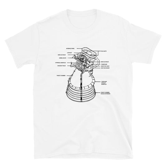 Saturn V F1 Rocket Engine Schematic T-Shirt - White - Black Cat Rocketry