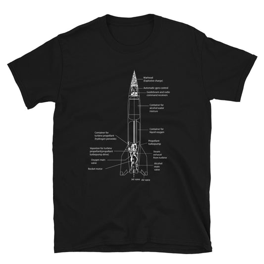 V2 Rocket Schematic T-Shirt - Black - Navy - Heather - Black Cat Rocketry