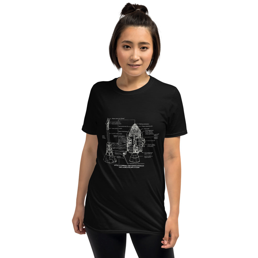 Saturn V Command And Service Module Schematic T-Shirt - Black - Black Cat Rocketry