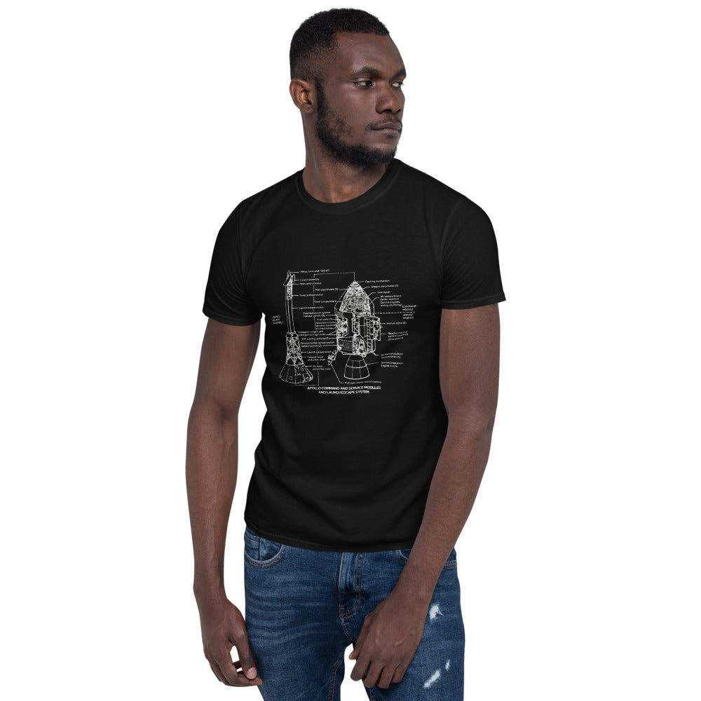 Saturn V Command And Service Module Schematic T-Shirt - Black - Black Cat Rocketry