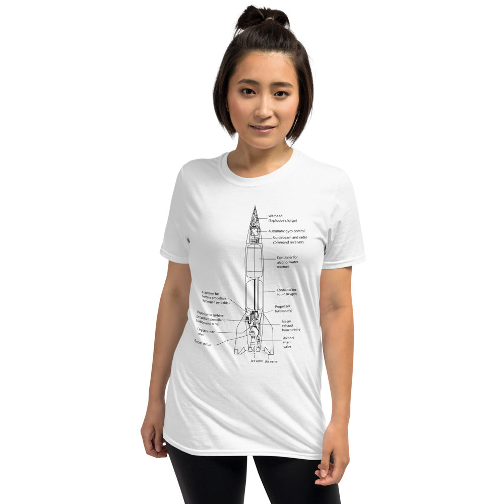 V2 Rocket Schematic T-Shirt - White - Black Cat Rocketry