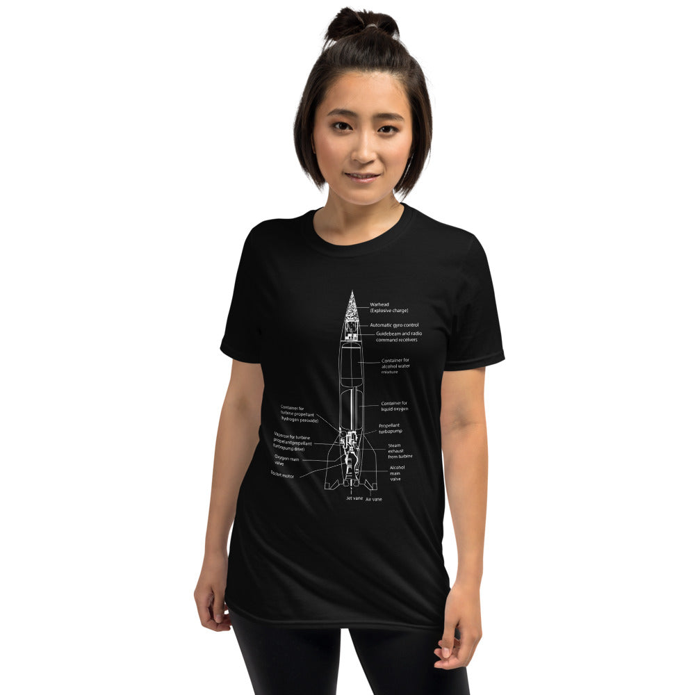V2 Rocket Schematic T-Shirt - Black - Navy - Heather - Black Cat Rocketry