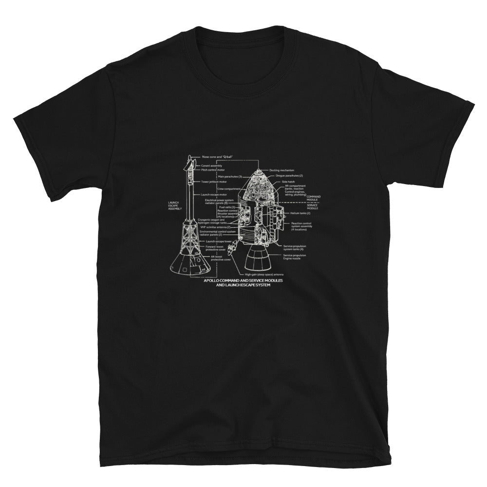 Saturn V Command And Service Module Schematic T-Shirt - Black - Black Cat Rocketry