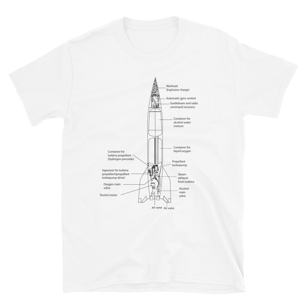 V2 Rocket Schematic T-Shirt - White - Black Cat Rocketry