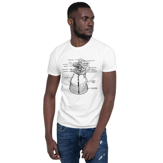 Saturn V F1 Rocket Engine Schematic T-Shirt - White - Black Cat Rocketry