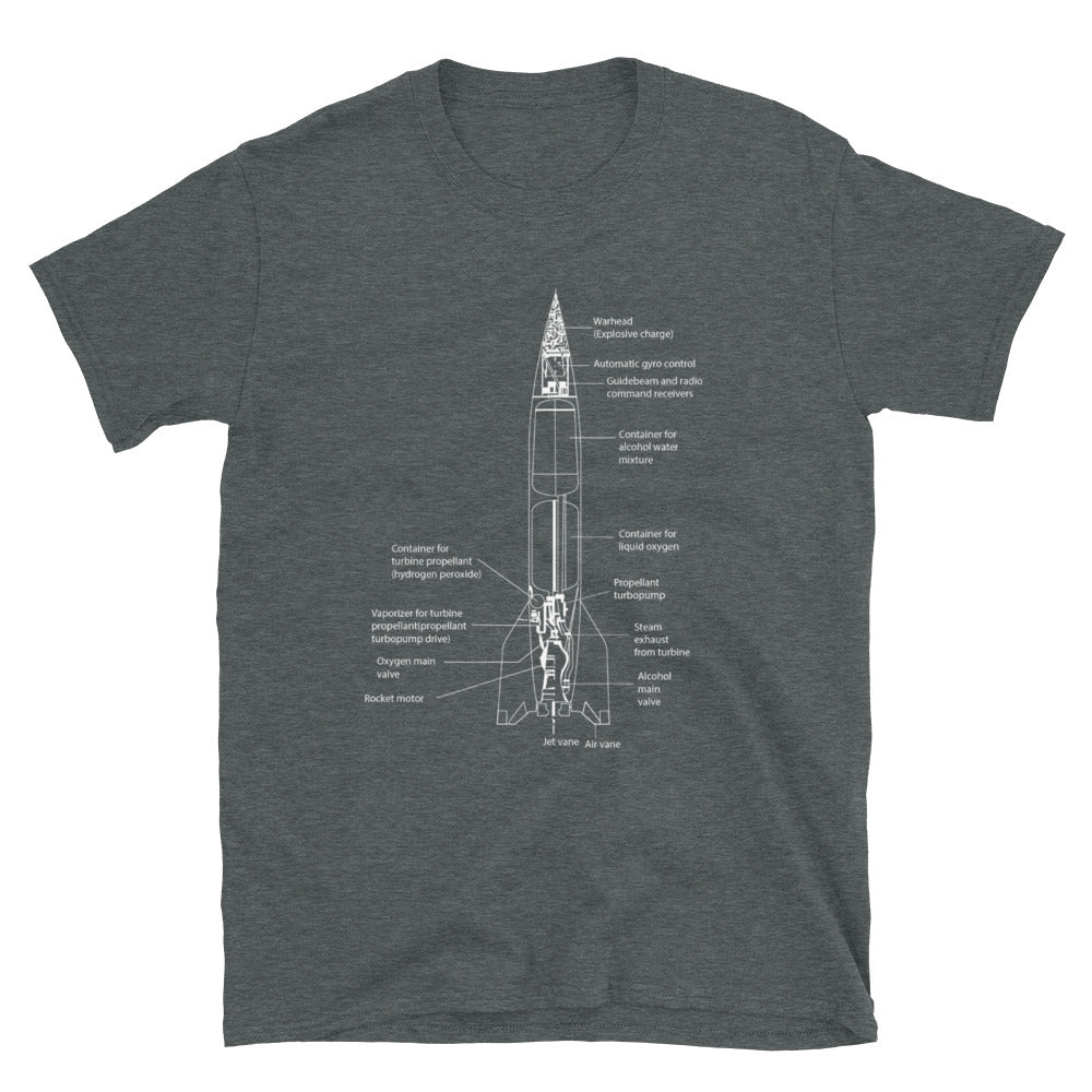 V2 Rocket Schematic T-Shirt - Black - Navy - Heather - Black Cat Rocketry